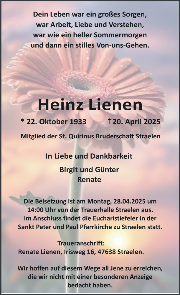  Traueranzeige für Heinz Lienen vom 23.04.2025 aus Rheinische Post