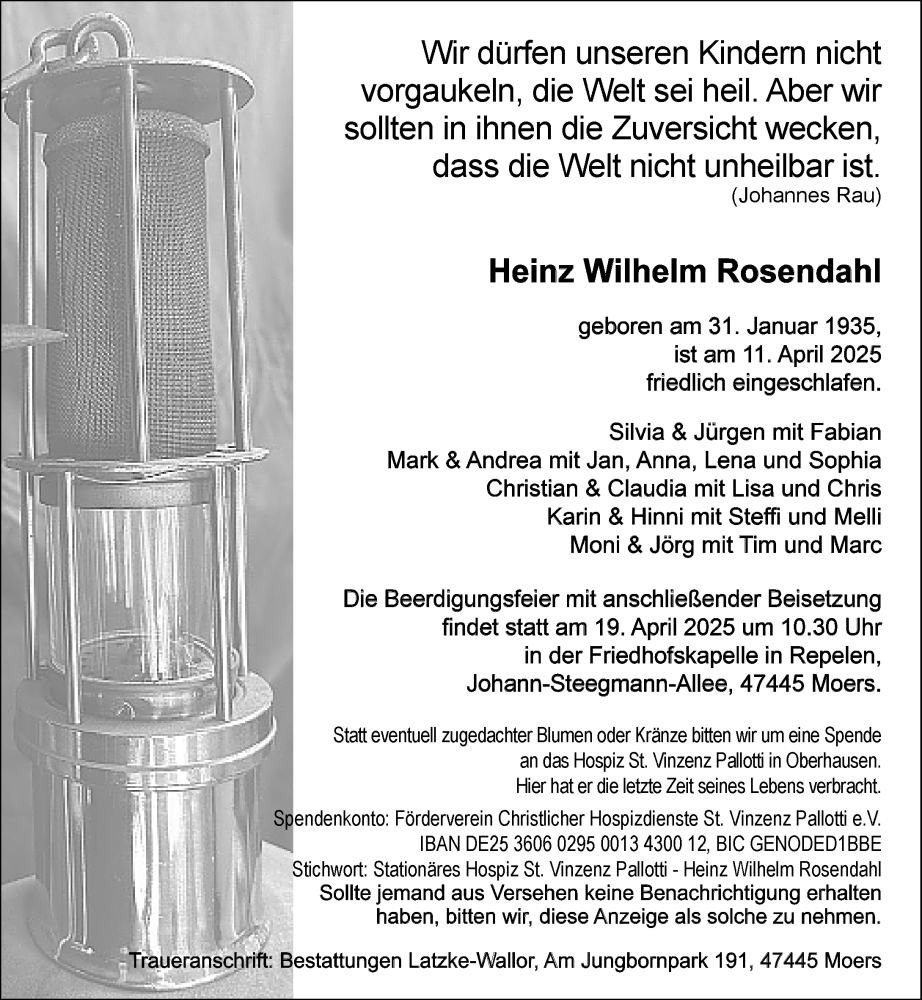  Traueranzeige für Heinz Wilhelm Rosendahl  vom 16.04.2025 aus 