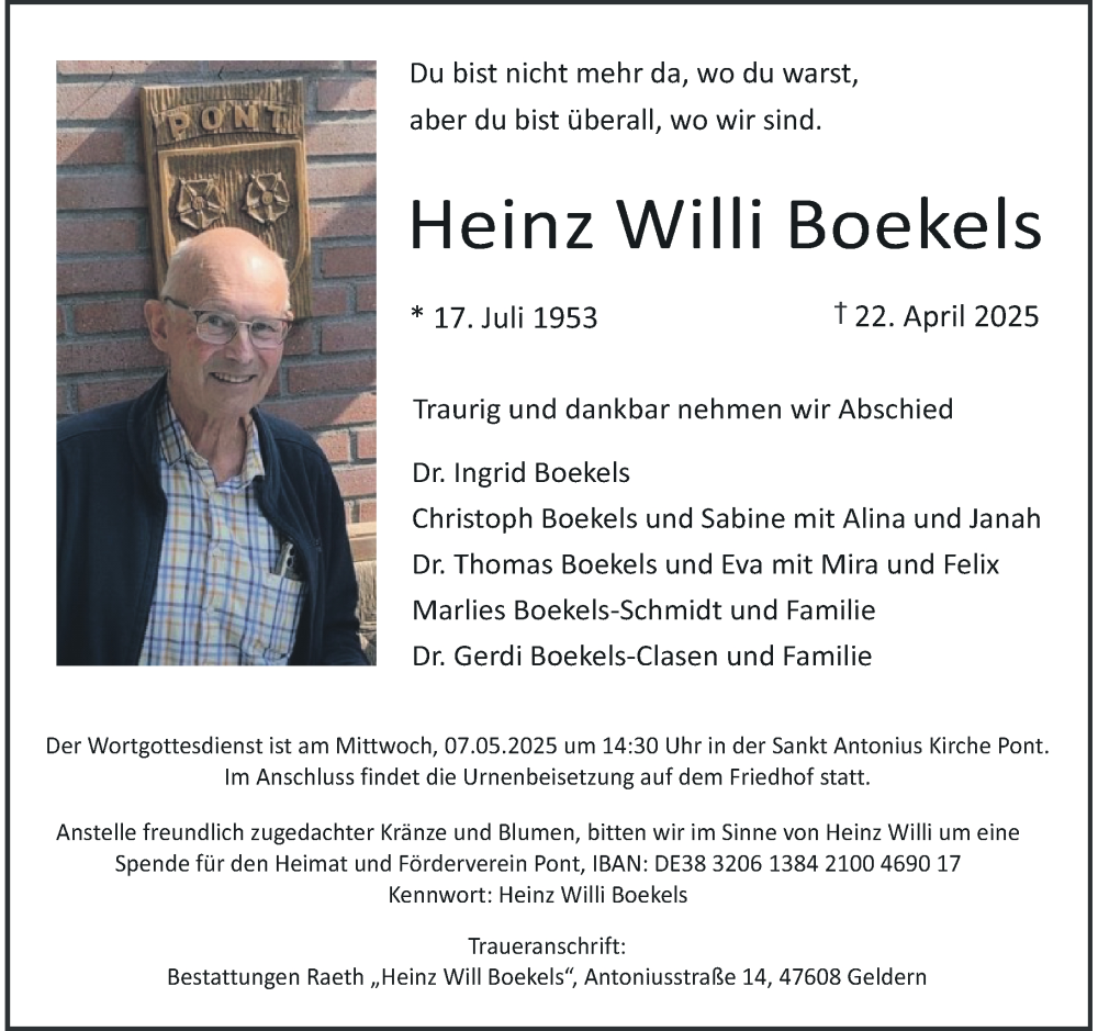  Traueranzeige für Heinz Willi Boekels vom 26.04.2025 aus Rheinische Post