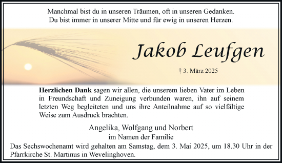 Traueranzeige von Jakob Leufgen von Rheinische Post