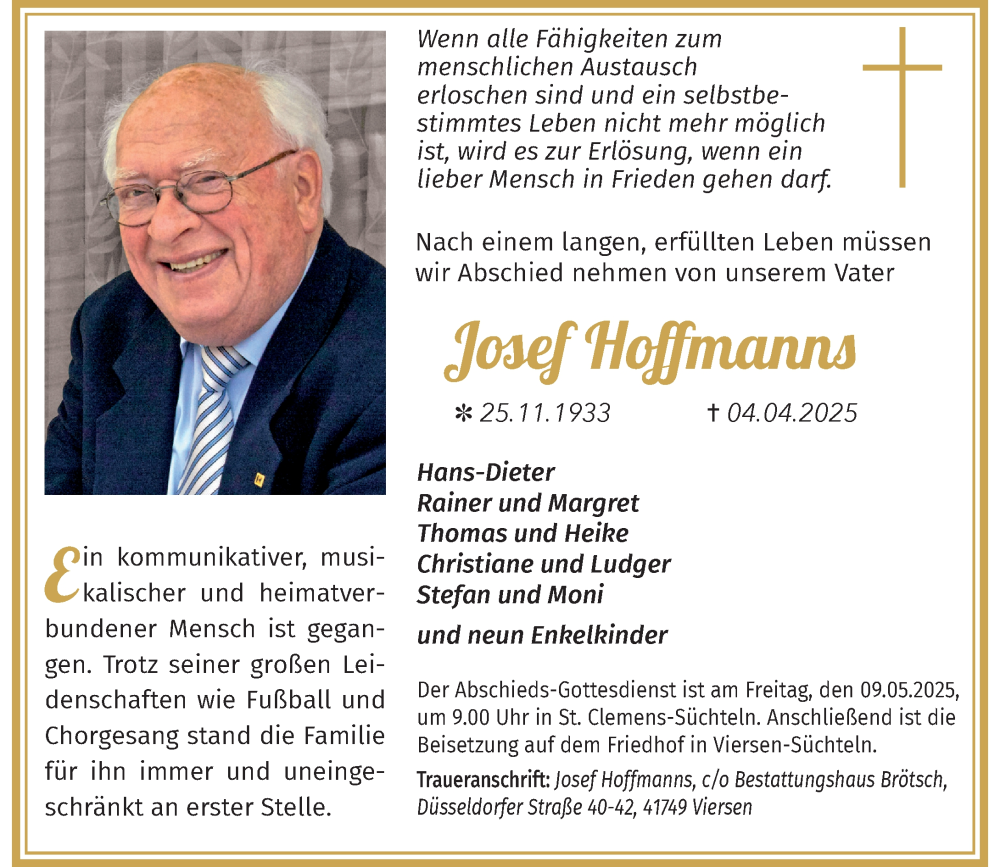  Traueranzeige für Josef Hoffmanns vom 26.04.2025 aus Rheinische Post