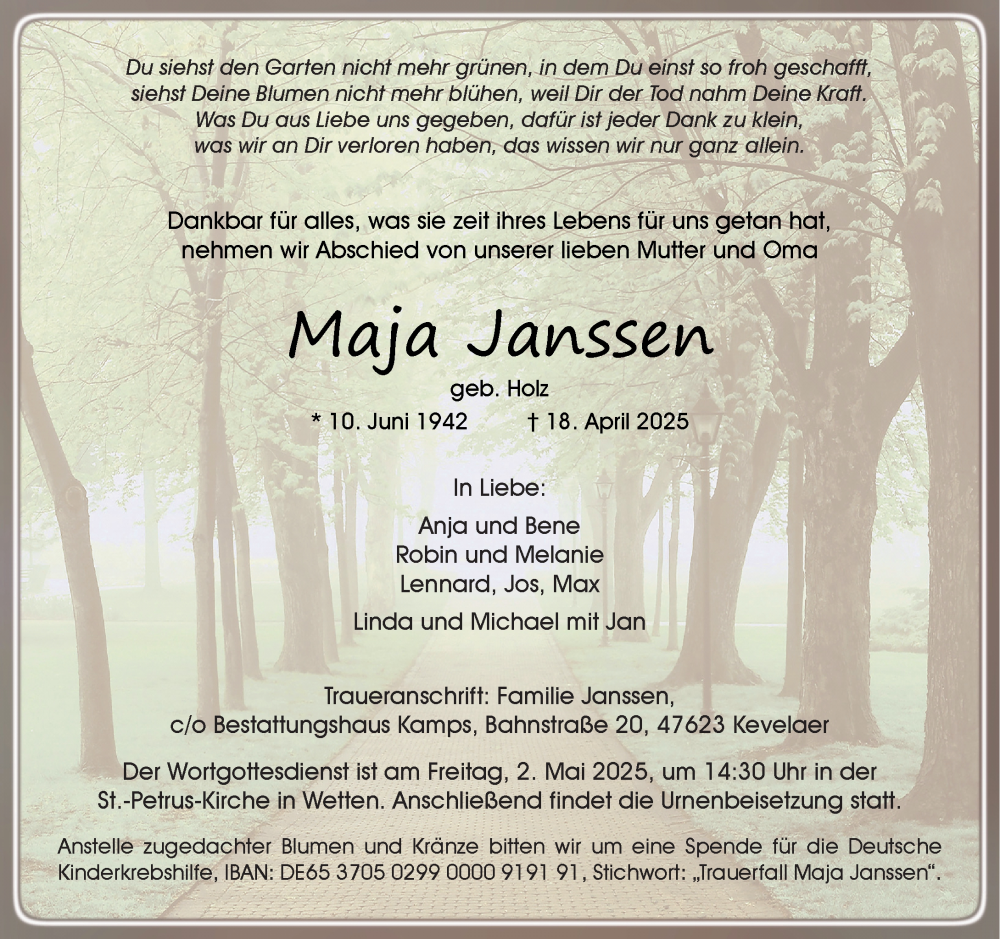  Traueranzeige für Maja Janssen vom 26.04.2025 aus Rheinische Post