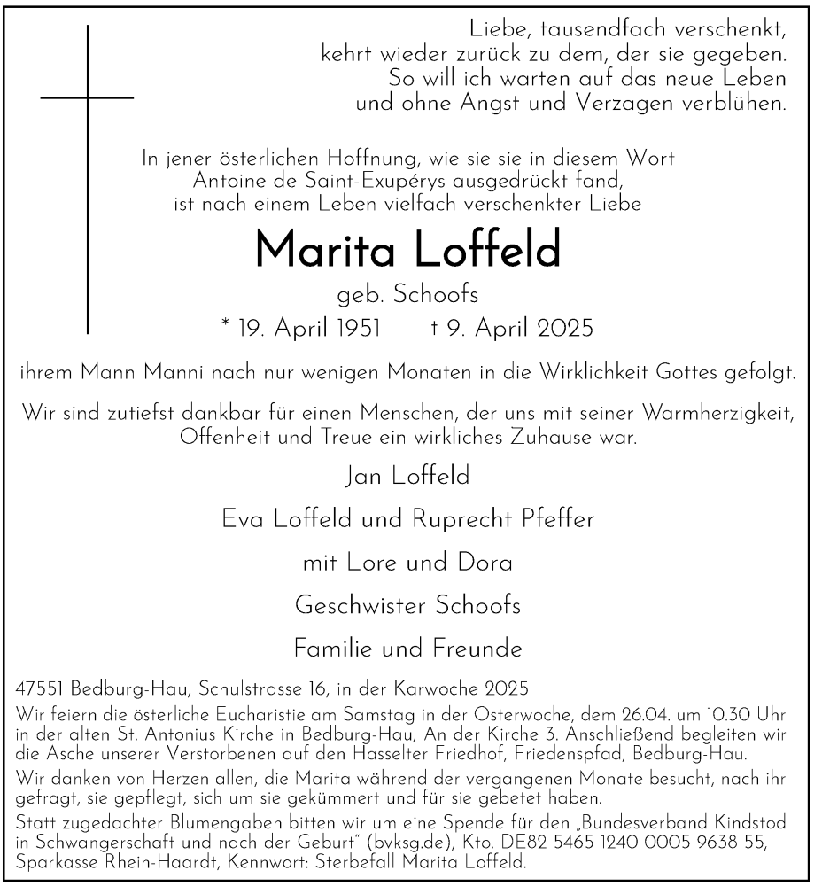  Traueranzeige für Marita Loffeld vom 19.04.2025 aus Rheinische Post