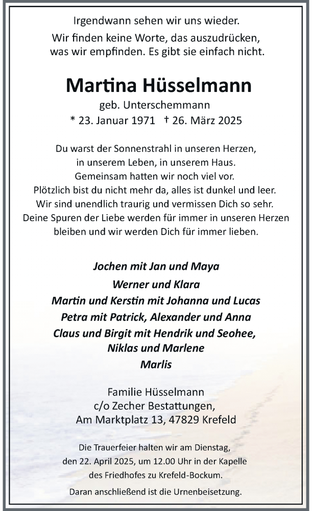  Traueranzeige für Martina Hüsselmann vom 12.04.2025 aus Rheinische Post