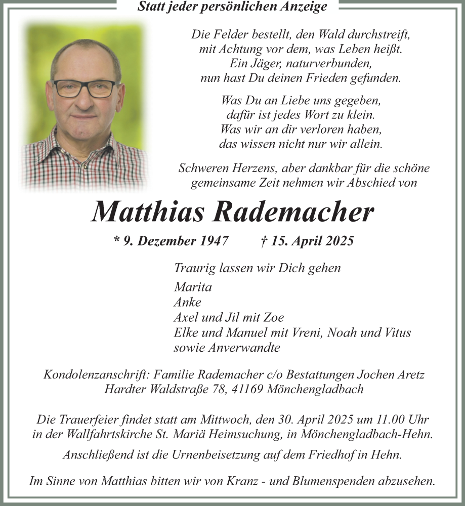 Traueranzeige für Matthias Rademacher vom 26.04.2025 aus Rheinische Post
