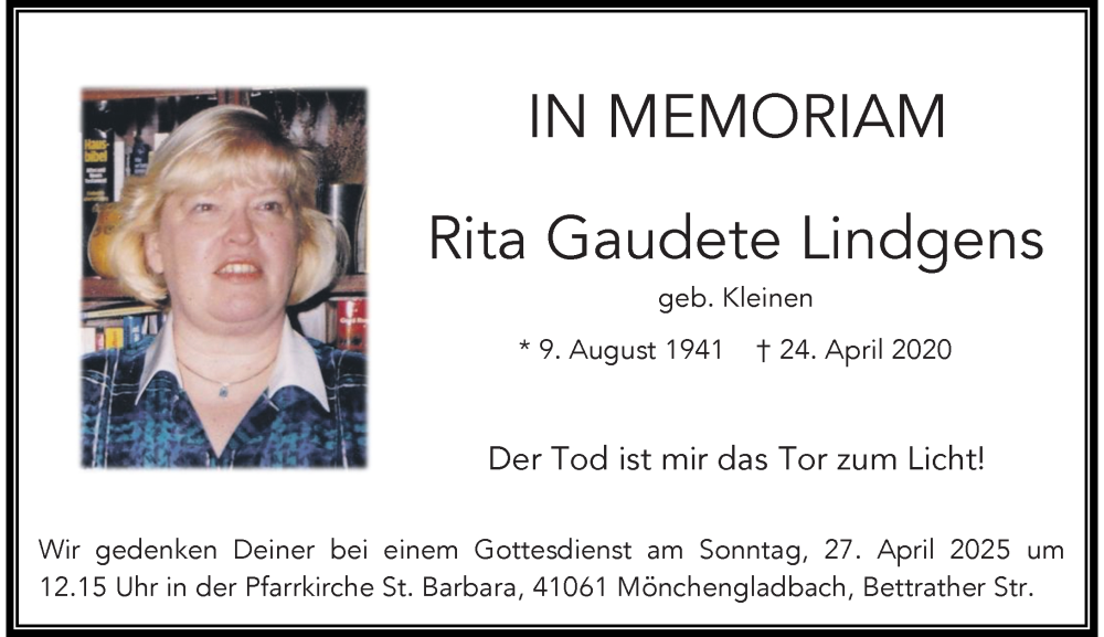  Traueranzeige für Rita Gaudete Lindgens vom 19.04.2025 aus Rheinische Post