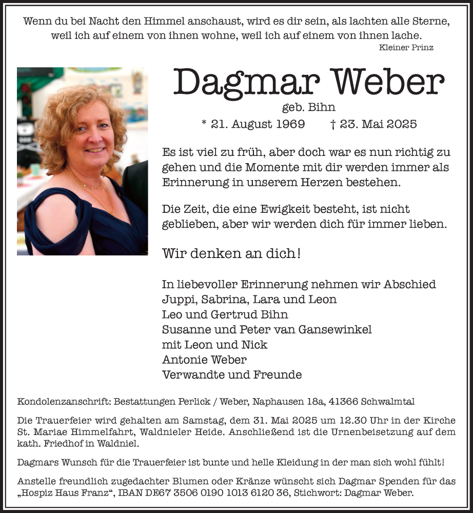  Traueranzeige für Dagmar Weber vom 28.05.2025 aus Rheinische Post