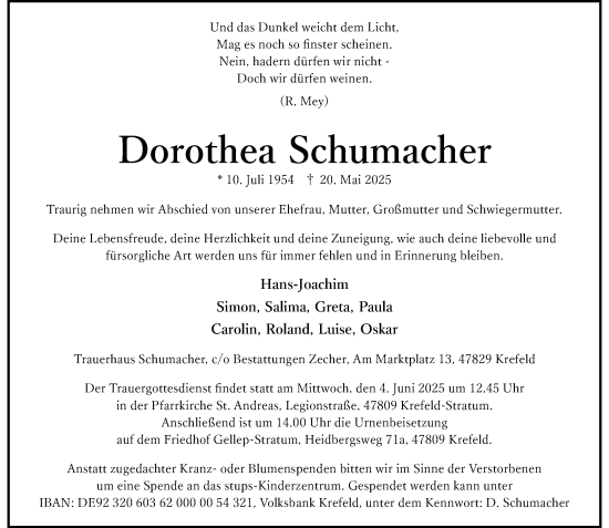 Traueranzeige von Dorothea Schumacher von Rheinische Post