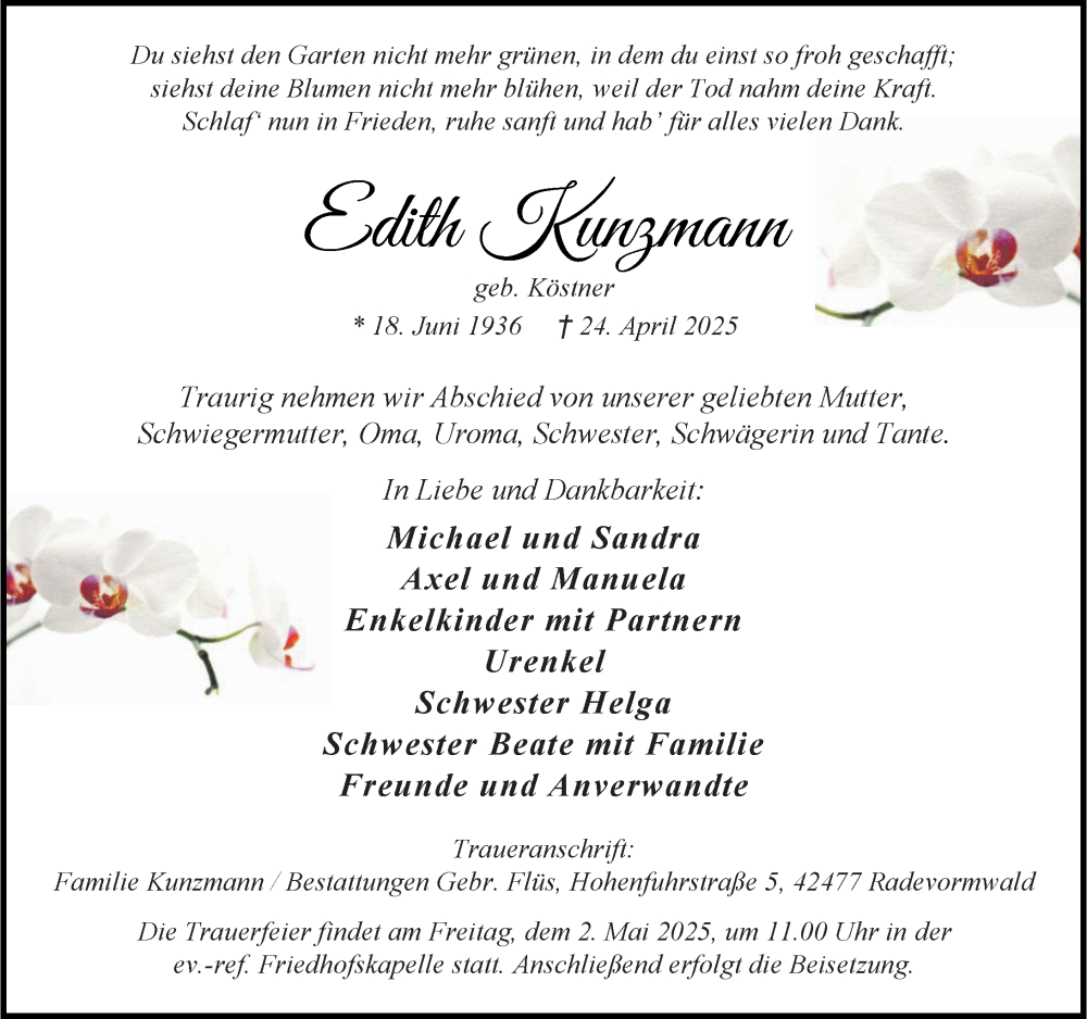  Traueranzeige für Edith Kunzmann vom 03.05.2025 aus Rheinische Post