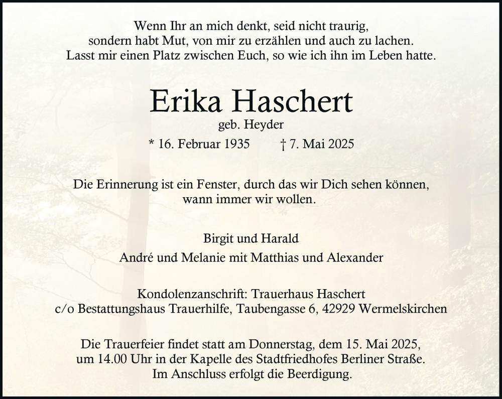  Traueranzeige für Erika Haschert vom 13.05.2025 aus Rheinische Post