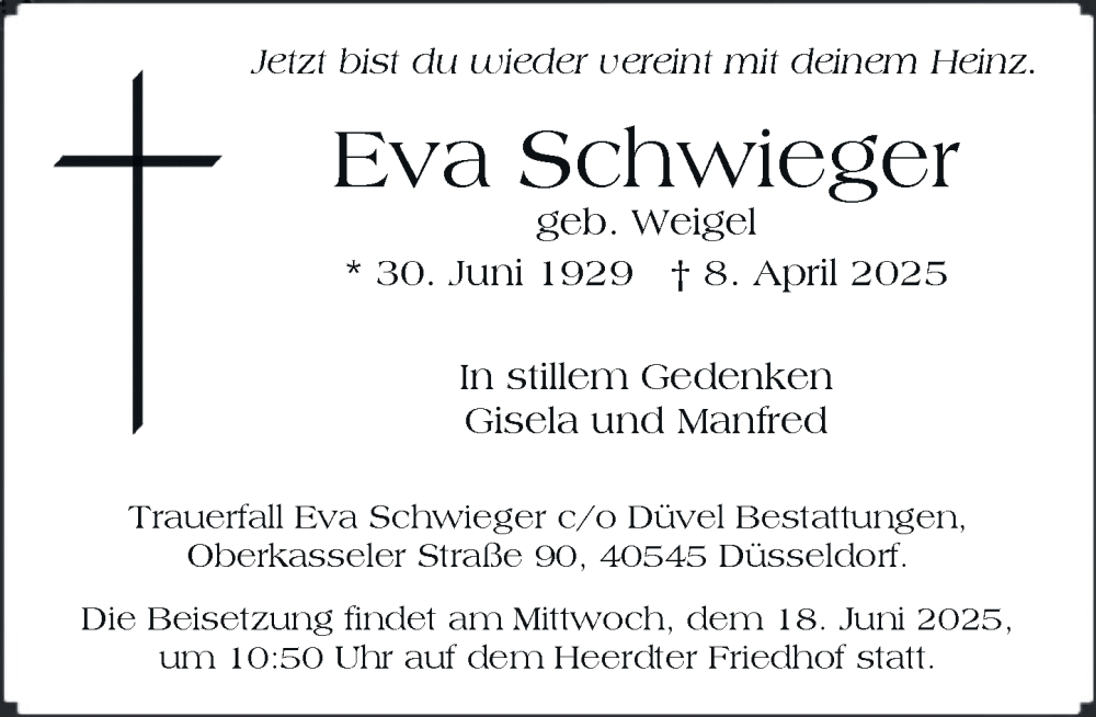  Traueranzeige für Eva Schwieger vom 31.05.2025 aus Rheinische Post