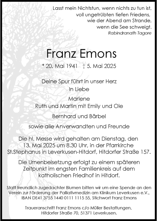 Traueranzeige von Franz Emons von Rheinische Post