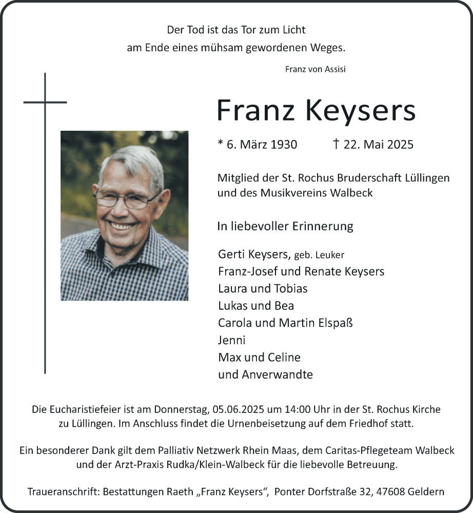  Traueranzeige für Franz Keysers vom 27.05.2025 aus Rheinische Post