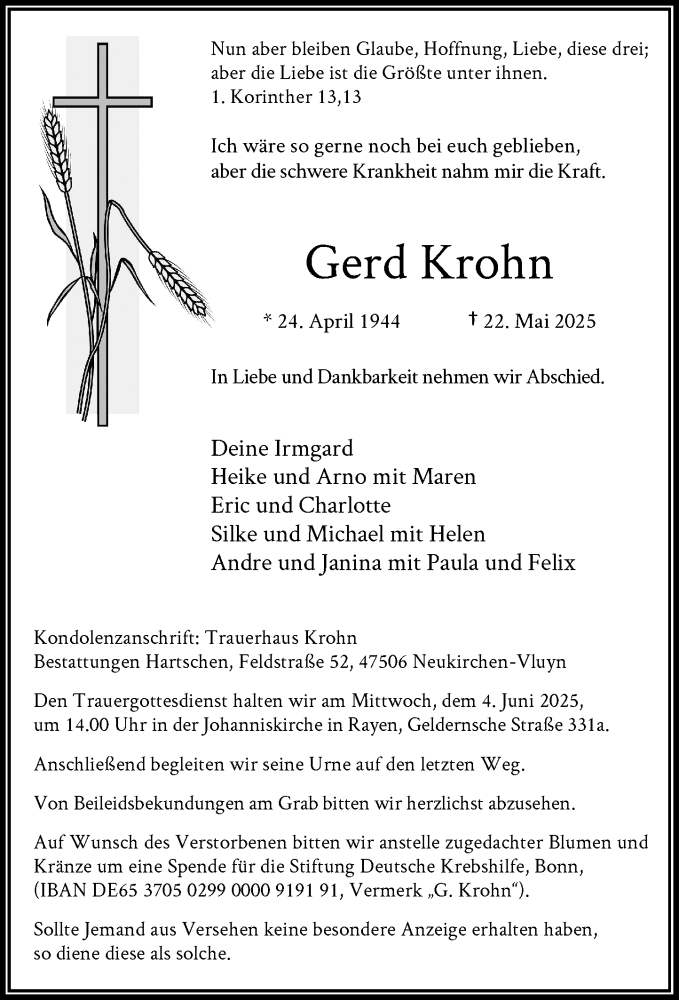  Traueranzeige für Gerd Krohn vom 31.05.2025 aus Rheinische Post