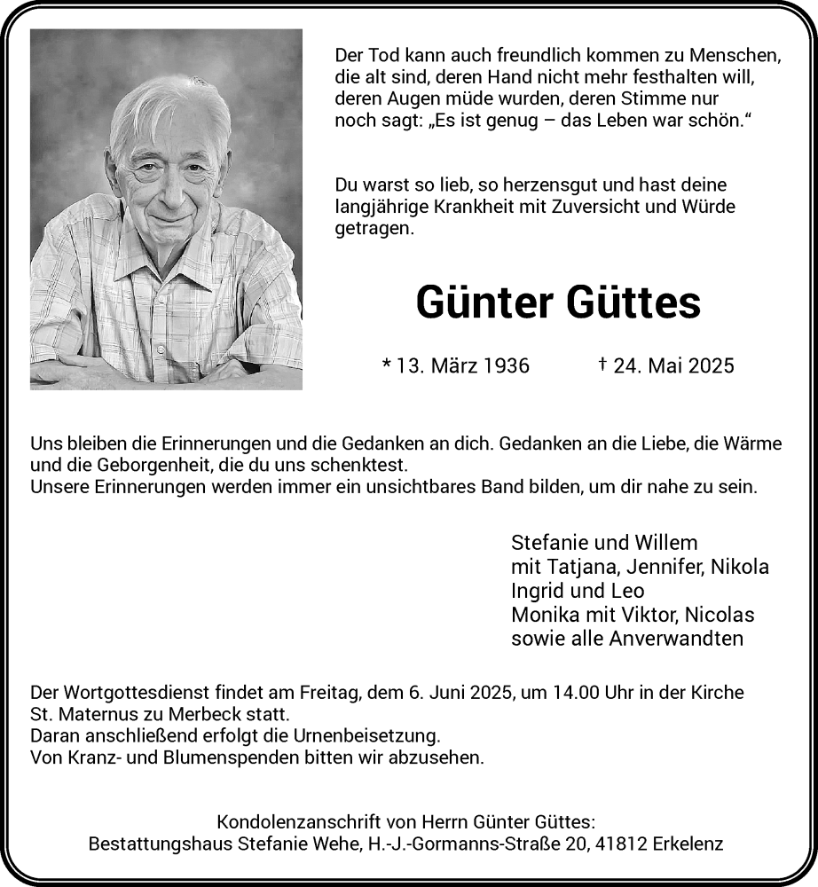  Traueranzeige für Günter Güttes vom 31.05.2025 aus Rheinische Post