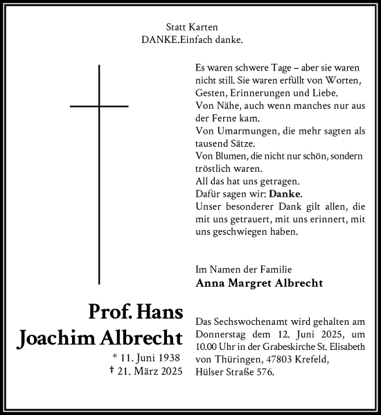 Traueranzeige von Hans Joachim Albrecht von Rheinische Post