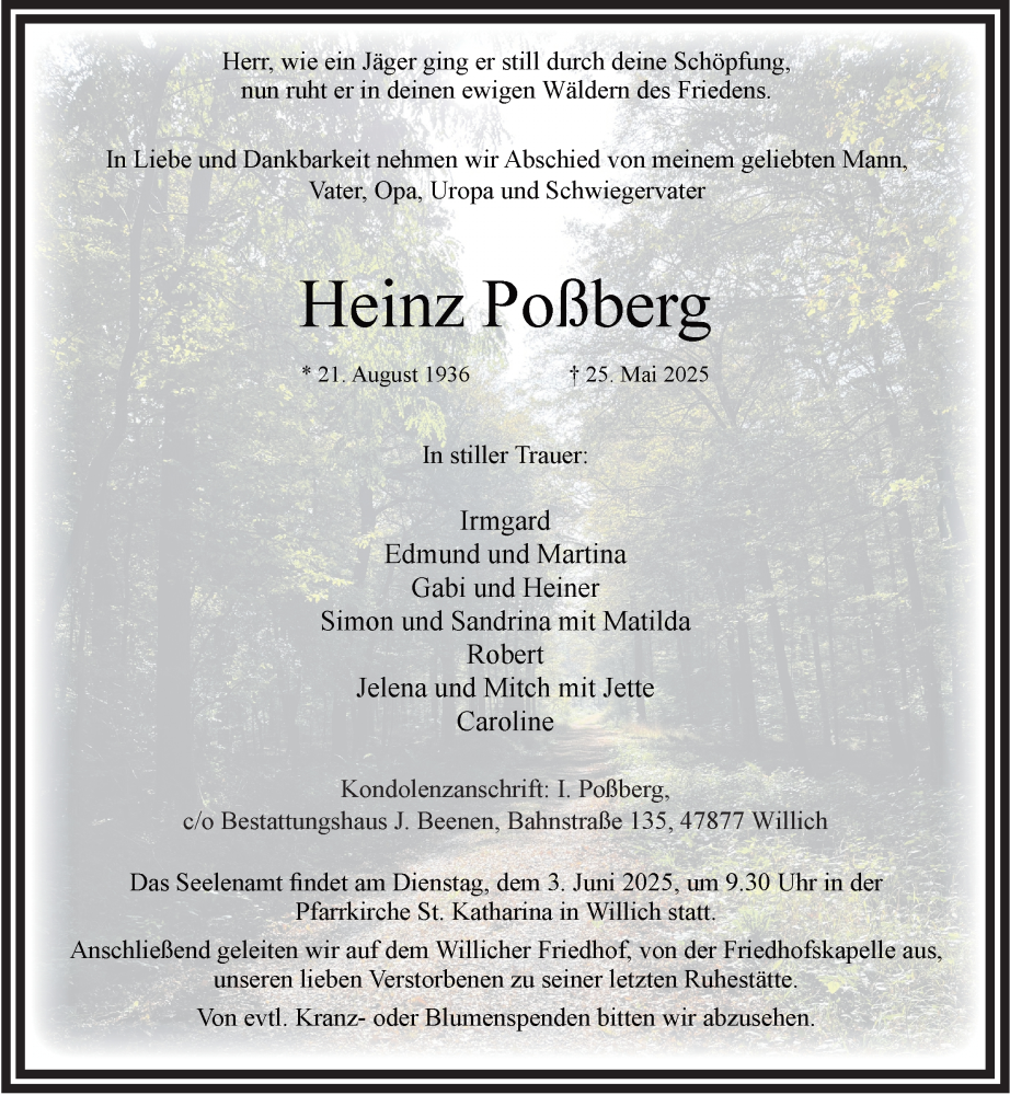  Traueranzeige für Heinz Poßberg vom 31.05.2025 aus Rheinische Post
