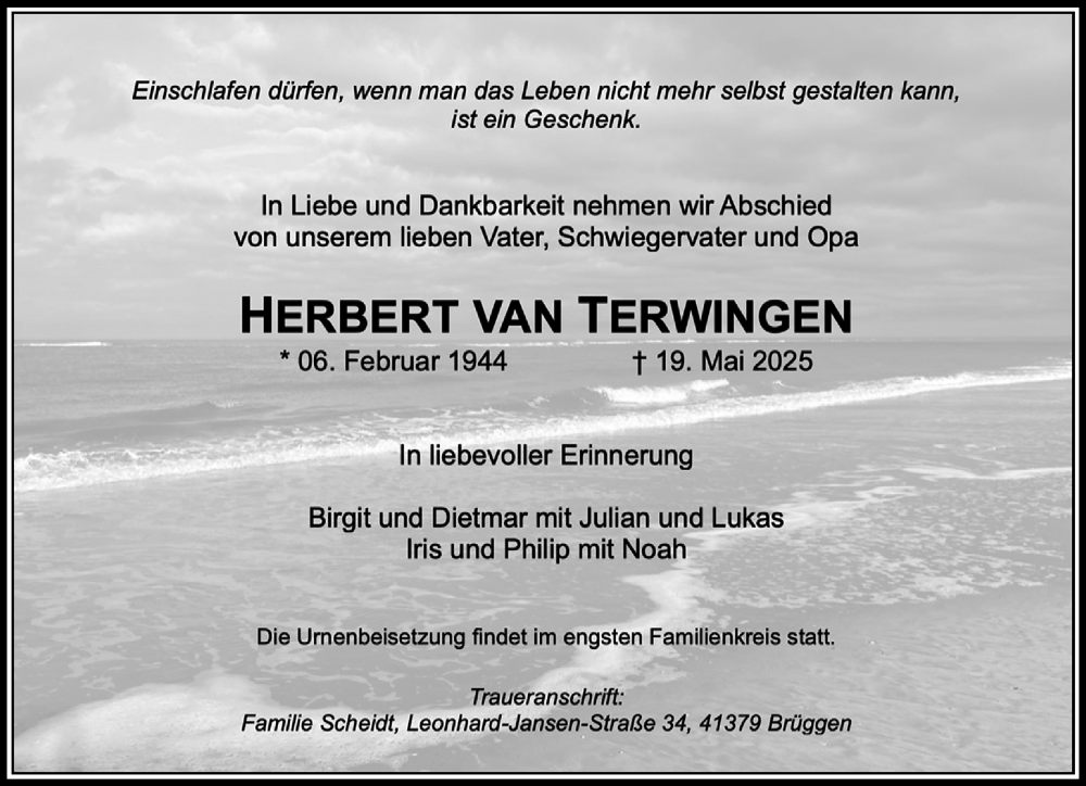  Traueranzeige für Herbert van Terwingen vom 31.05.2025 aus Rheinische Post