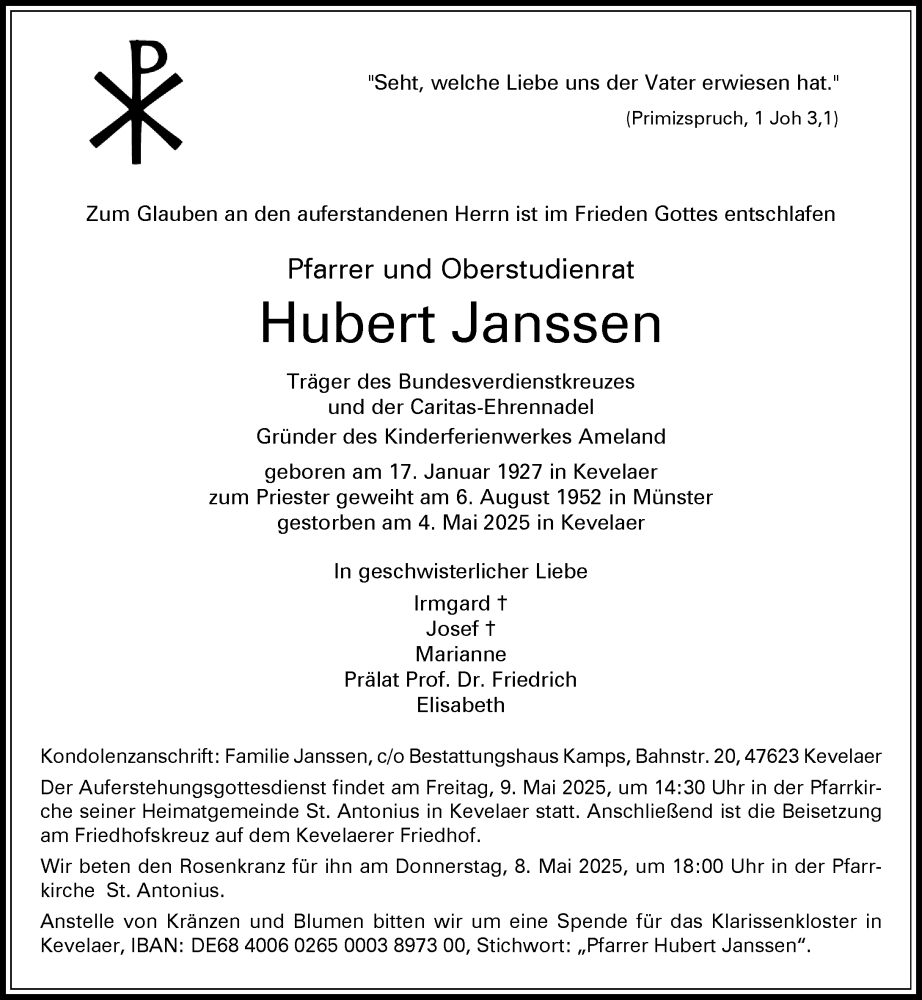  Traueranzeige für Hubert Janssen vom 07.05.2025 aus Rheinische Post