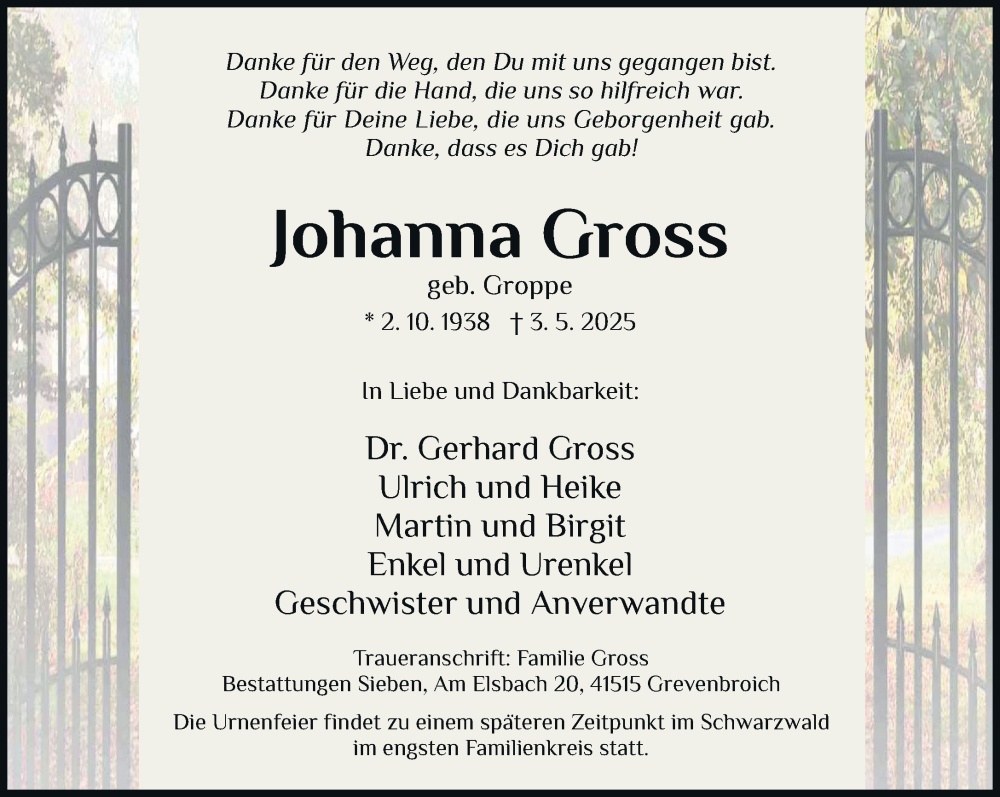  Traueranzeige für Johanna Gross vom 10.05.2025 aus Rheinische Post