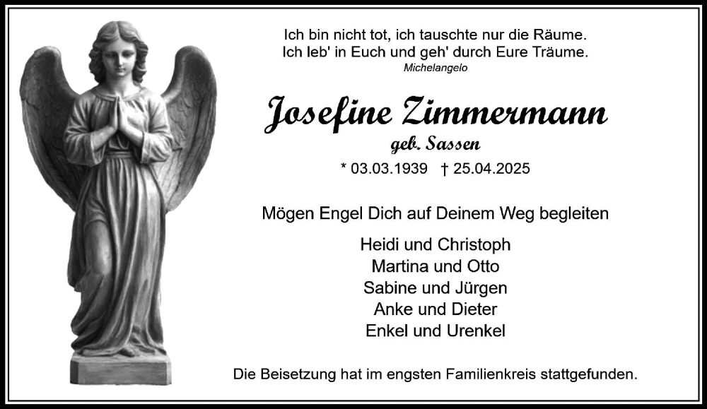  Traueranzeige für Josefine Zimmermann vom 24.05.2025 aus Rheinische Post