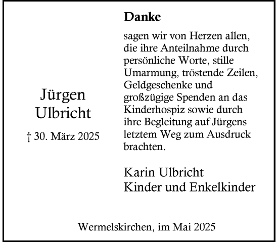 Traueranzeige von Jürgen Ulbricht von Rheinische Post