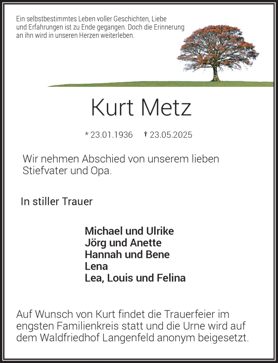 Traueranzeige von Kurt Metz von Rheinische Post
