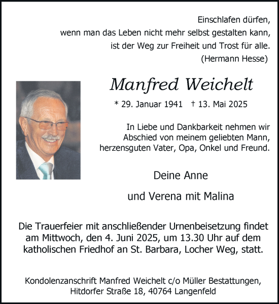 Traueranzeige von Manfred Weichelt von Rheinische Post