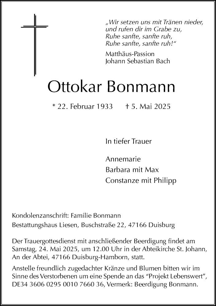  Traueranzeige für Ottokar Bonmann vom 20.05.2025 aus Rheinische Post