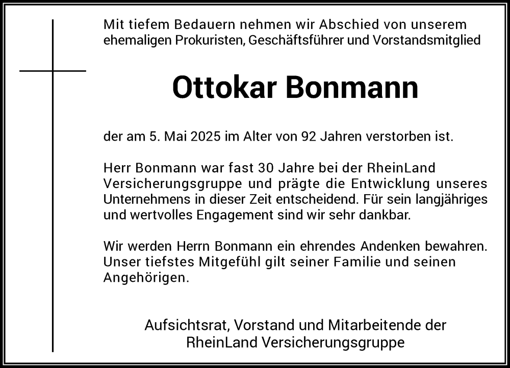  Traueranzeige für Ottokar Bonmann vom 17.05.2025 aus Rheinische Post