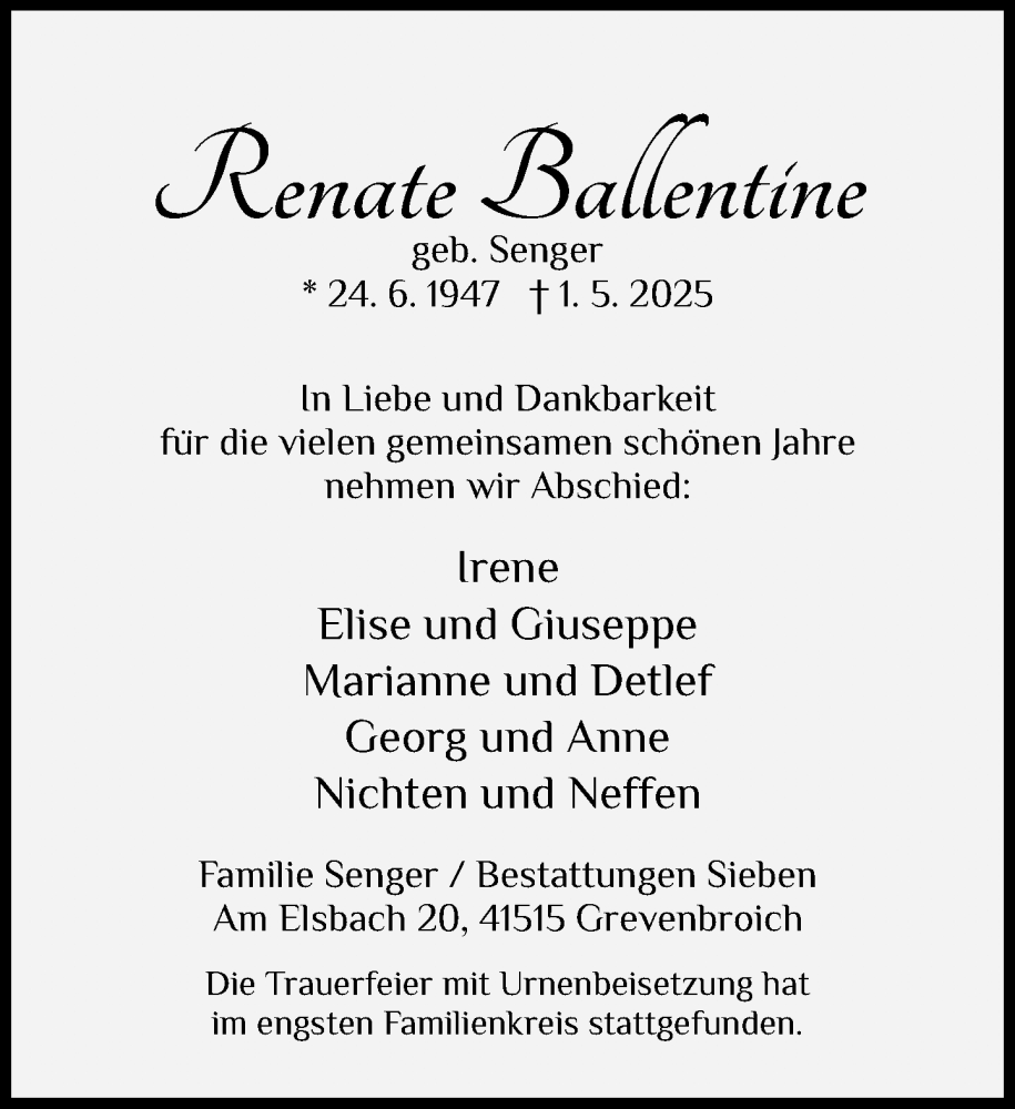  Traueranzeige für Renate Ballentine vom 24.05.2025 aus Rheinische Post