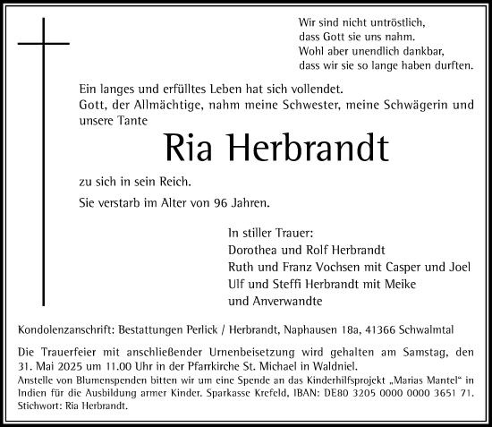 Traueranzeige von Ria Herbrandt von Rheinische Post