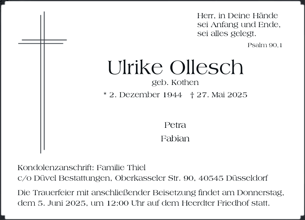  Traueranzeige für Ulrike Ollesch vom 31.05.2025 aus Rheinische Post
