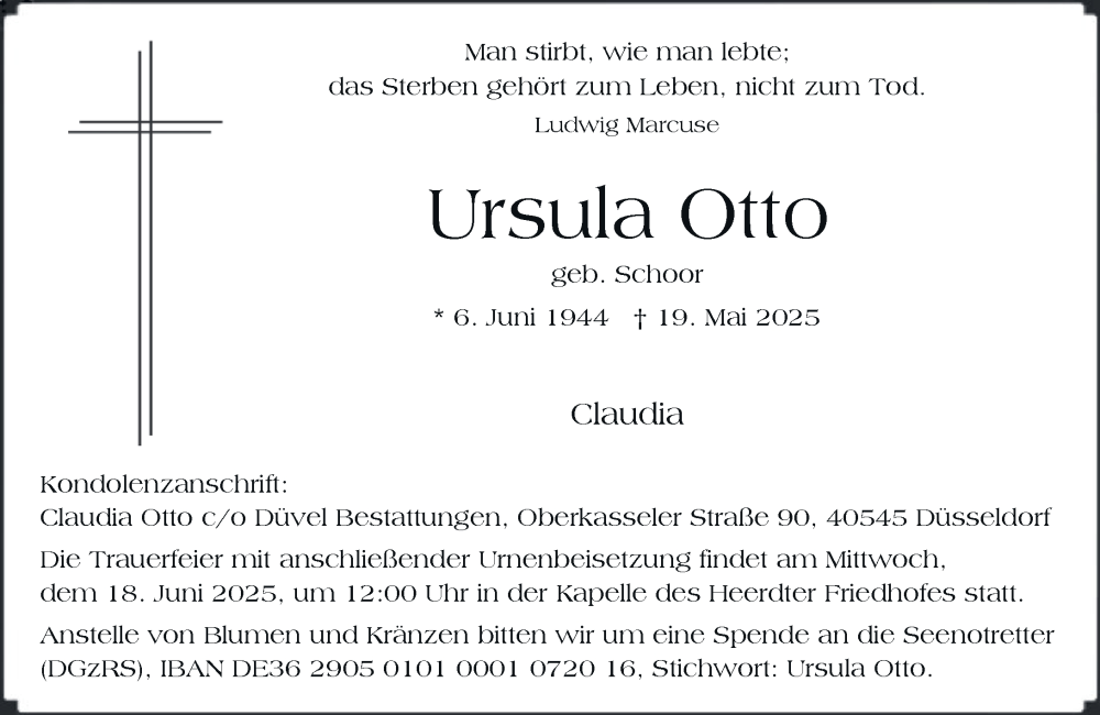  Traueranzeige für Ursula Otto vom 31.05.2025 aus Rheinische Post