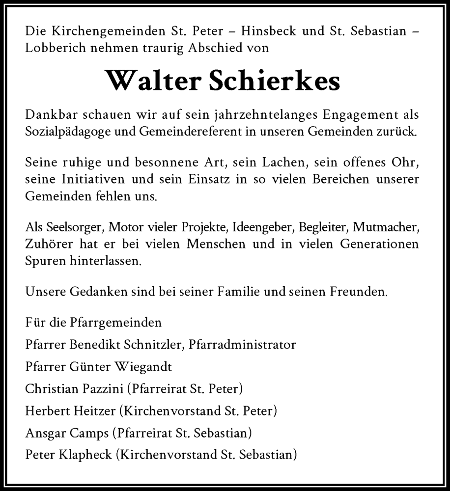  Traueranzeige für Walter Schierkes vom 31.05.2025 aus Rheinische Post