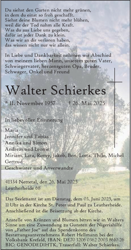  Traueranzeige für Walter Schierkes vom 31.05.2025 aus Rheinische Post