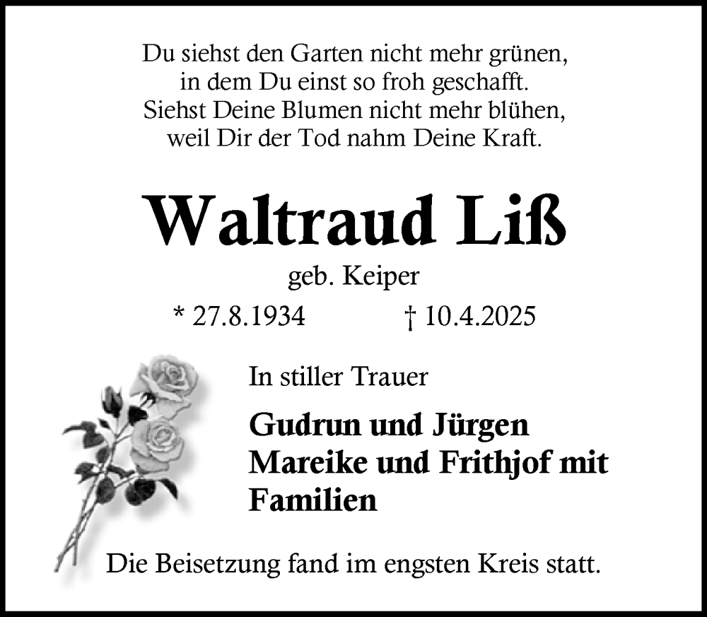  Traueranzeige für Waltraud Liß vom 10.05.2025 aus Rheinische Post