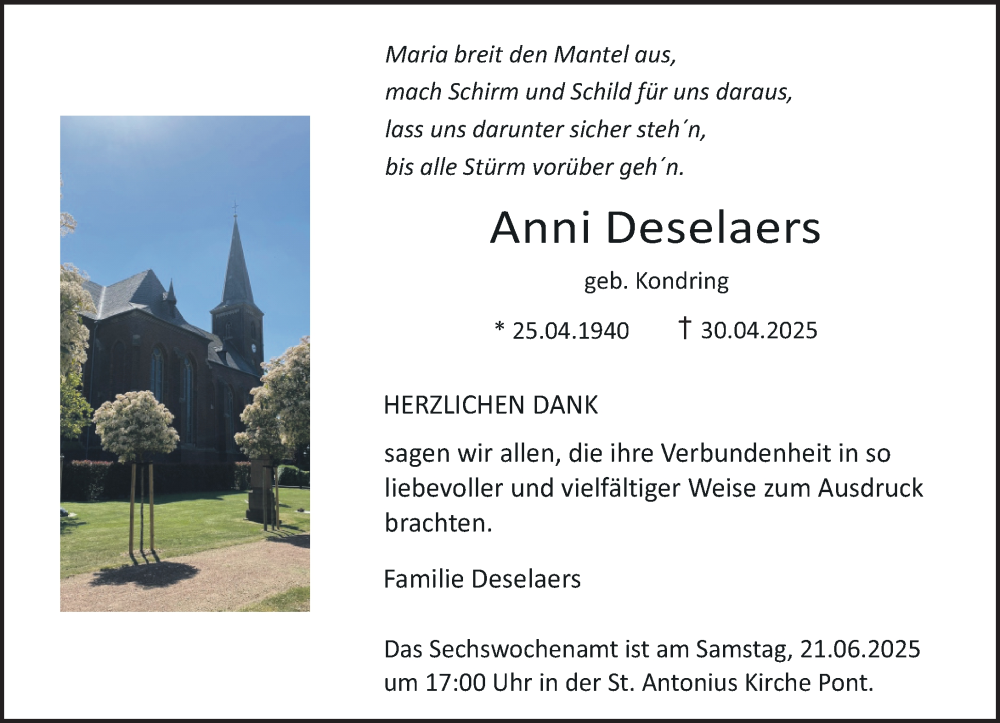  Traueranzeige für Anni Deselaers vom 14.06.2025 aus Rheinische Post