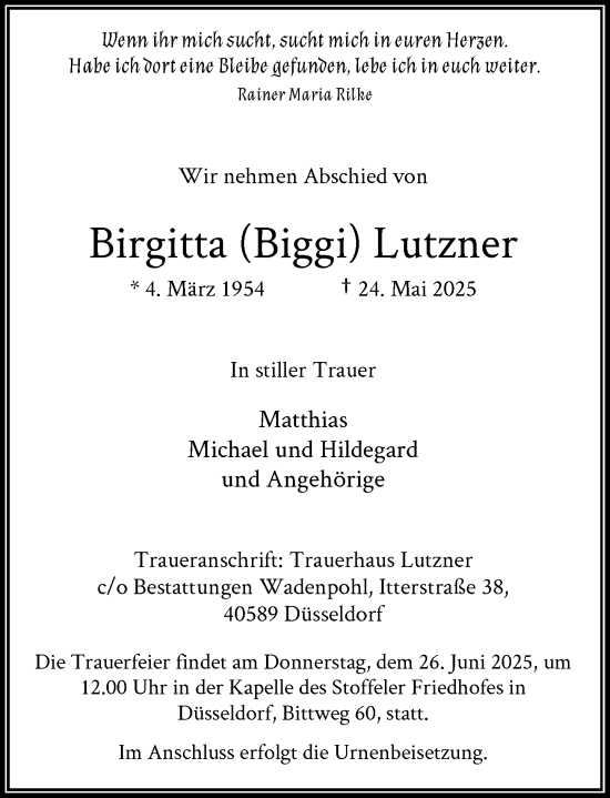 Traueranzeige von Birgitta Lutzner von Rheinische Post