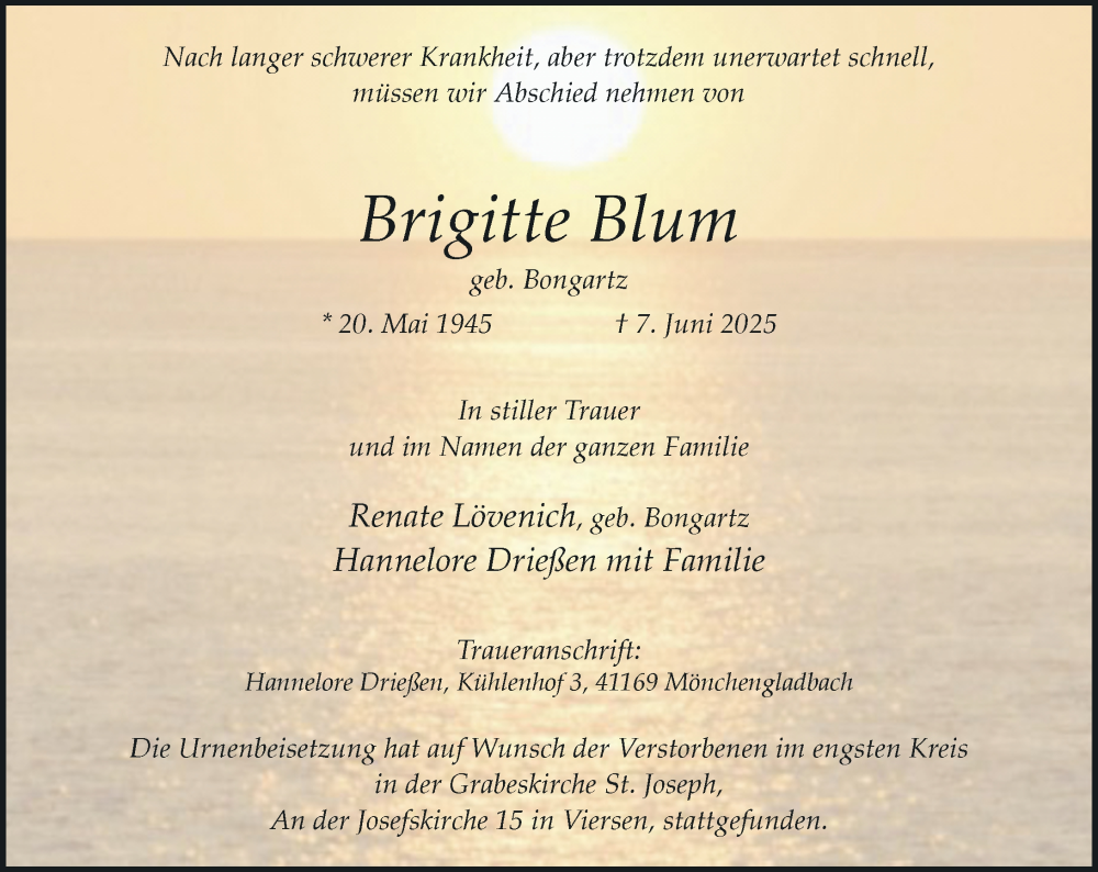  Traueranzeige für Brigitte Blum vom 21.06.2025 aus Rheinische Post