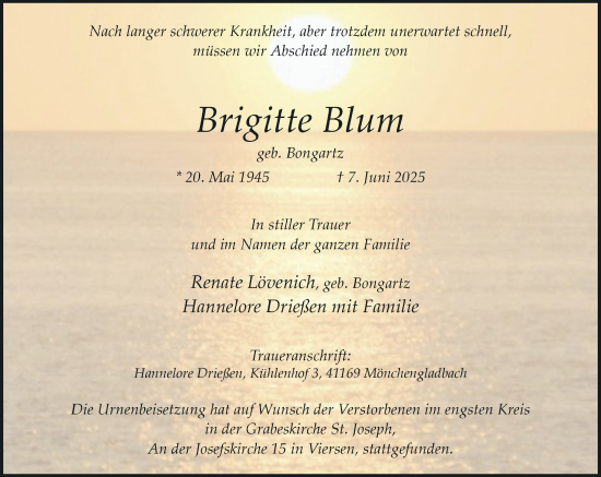 Traueranzeige von Brigitte Blum von Rheinische Post