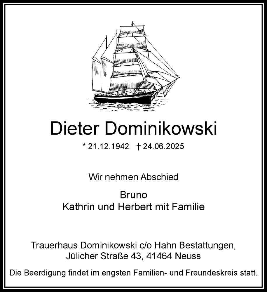 Traueranzeige für Dieter Dominikowski vom 28.06.2025 aus Rheinische Post