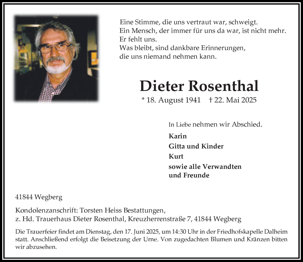 Traueranzeige für Dieter Rosenthal vom 14.06.2025 aus Rheinische Post