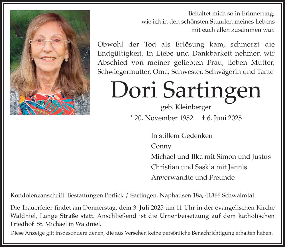 Traueranzeige für Dori Sartingen vom 21.06.2025 aus Rheinische Post