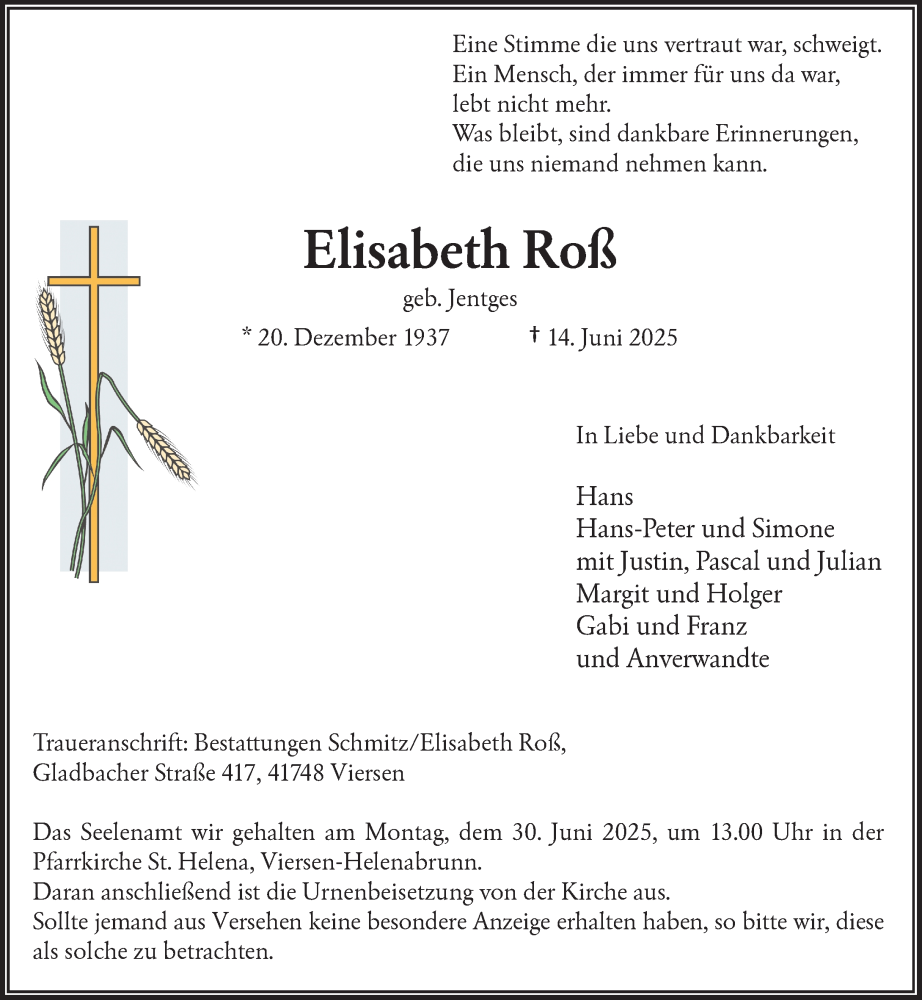  Traueranzeige für Elisabeth Roß vom 28.06.2025 aus Rheinische Post