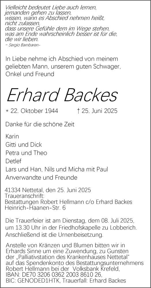  Traueranzeige für Erhard Backes vom 28.06.2025 aus Rheinische Post