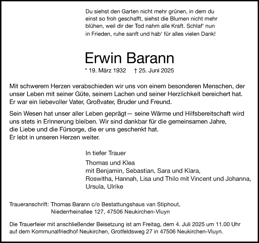  Traueranzeige für Erwin Barann vom 28.06.2025 aus Rheinische Post