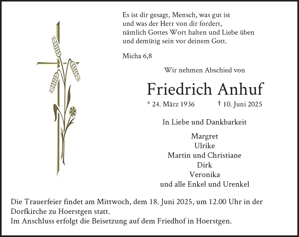  Traueranzeige für Friedrich Anhuf vom 14.06.2025 aus Rheinische Post