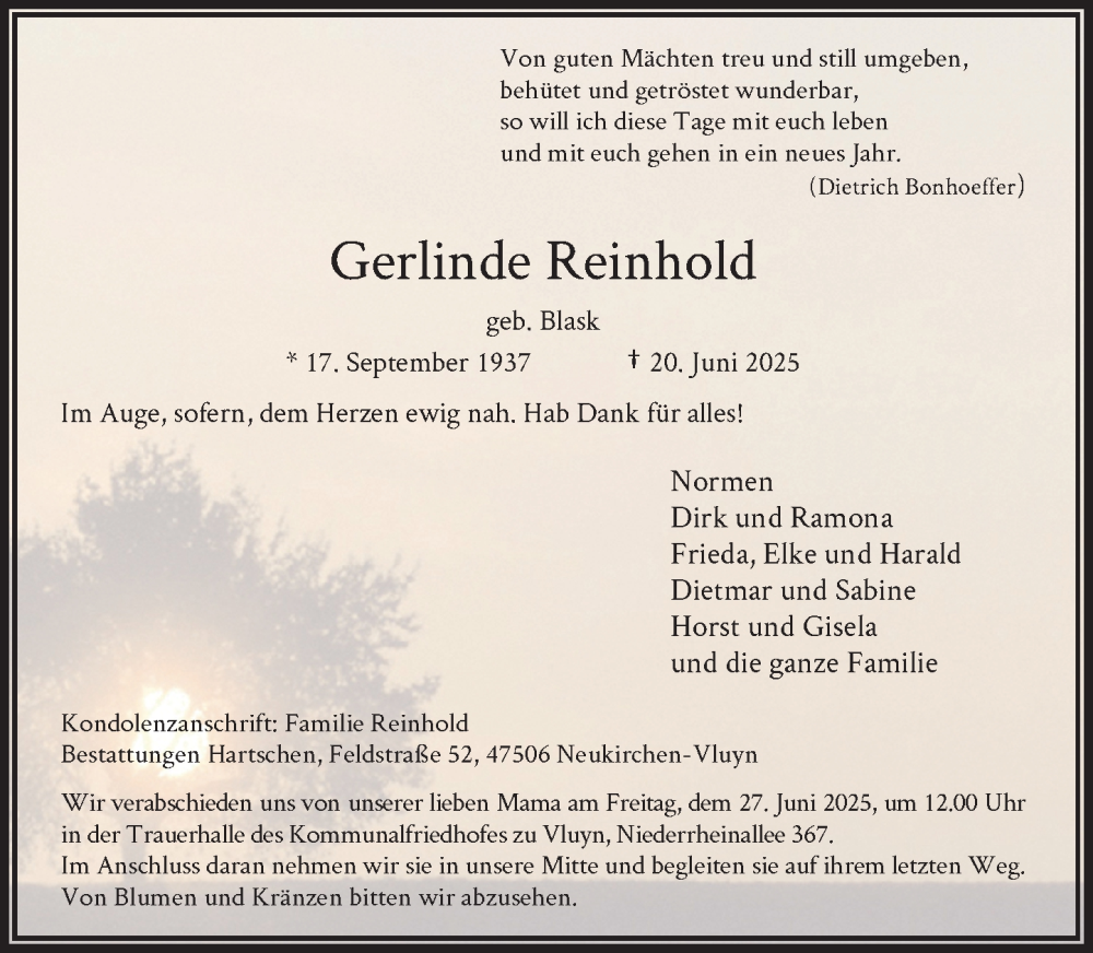  Traueranzeige für Gerlinde Reinhold vom 25.06.2025 aus Rheinische Post