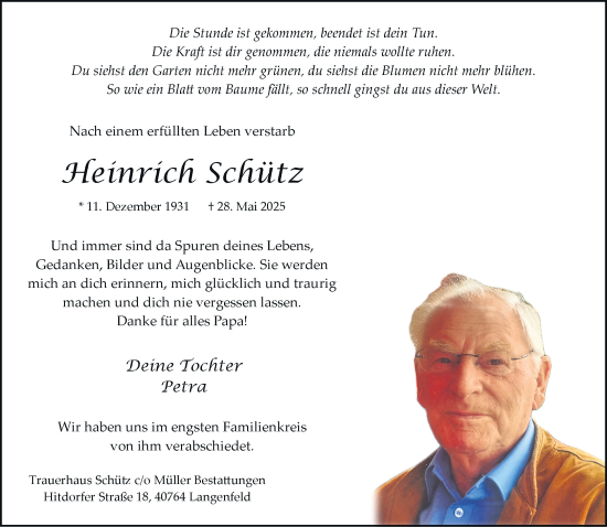 Traueranzeige von Heinrich Schütz von Rheinische Post